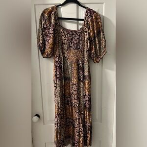 Boho Floral Midi Dress in Mustard and Mauve